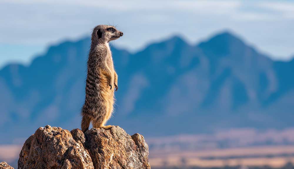 Meerkat standing on a rock, a beautiful mountain landscape in the background
