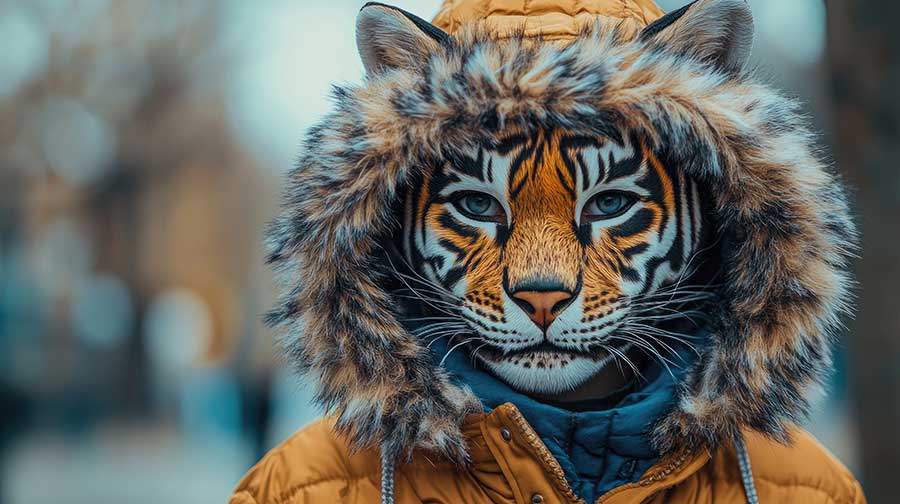 A person with a tiger mask wearing a faux-fur lined hood