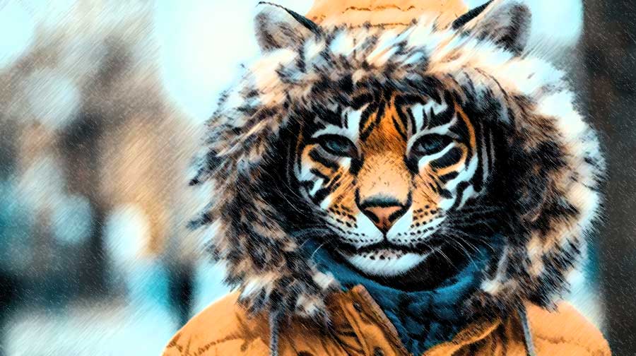 A person with a tiger mask wearing a faux-fur lined hood