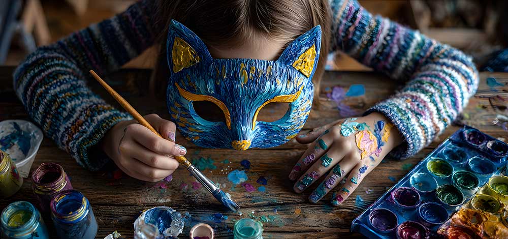 Girl painting, a beautiful animal mask on her face