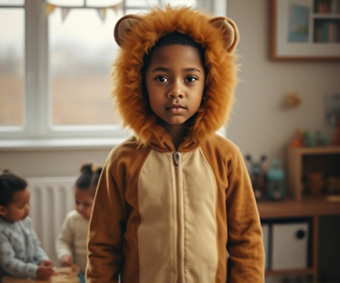A boy wearing a full-body lion costume looking at the camera