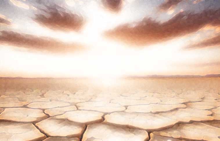 Illustration of a parched desert with a bright sun in the sky above.