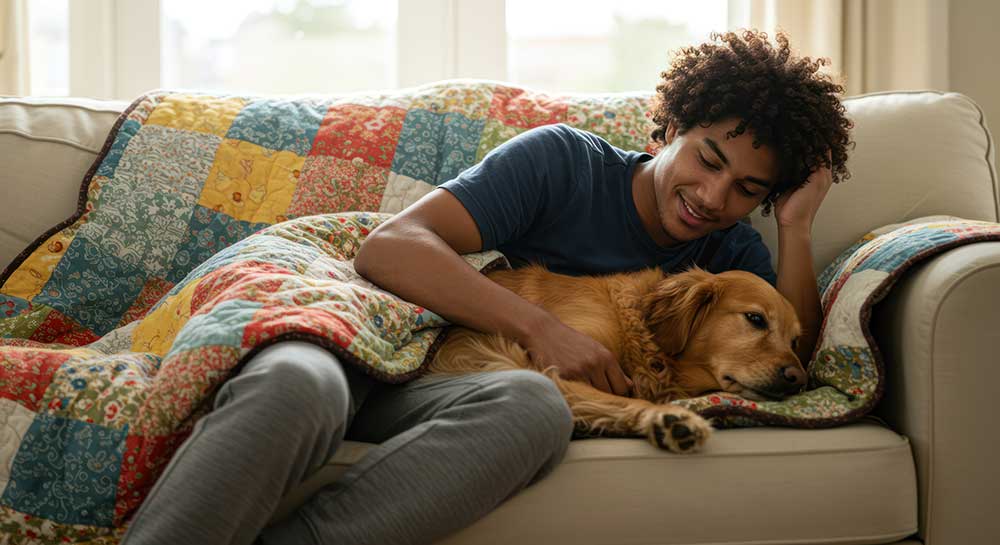 Young guy cuddling with his dog on a sofa