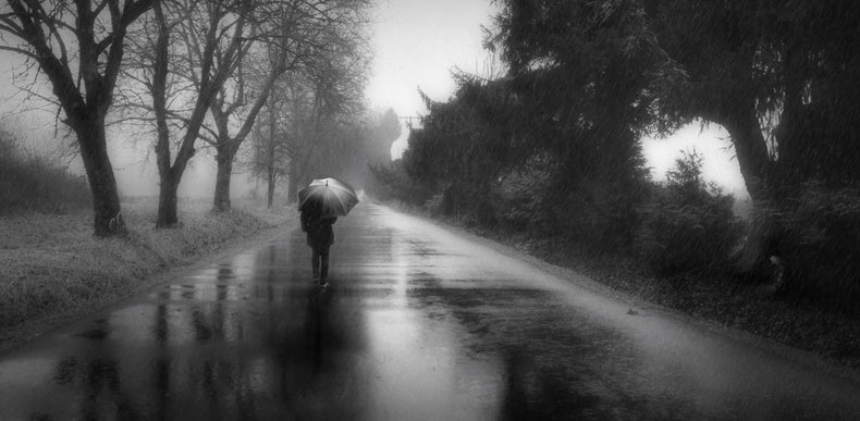 Woman with umbrella, walking away