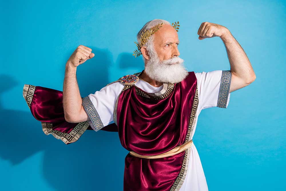 A king in crimson robes flexing his muscles