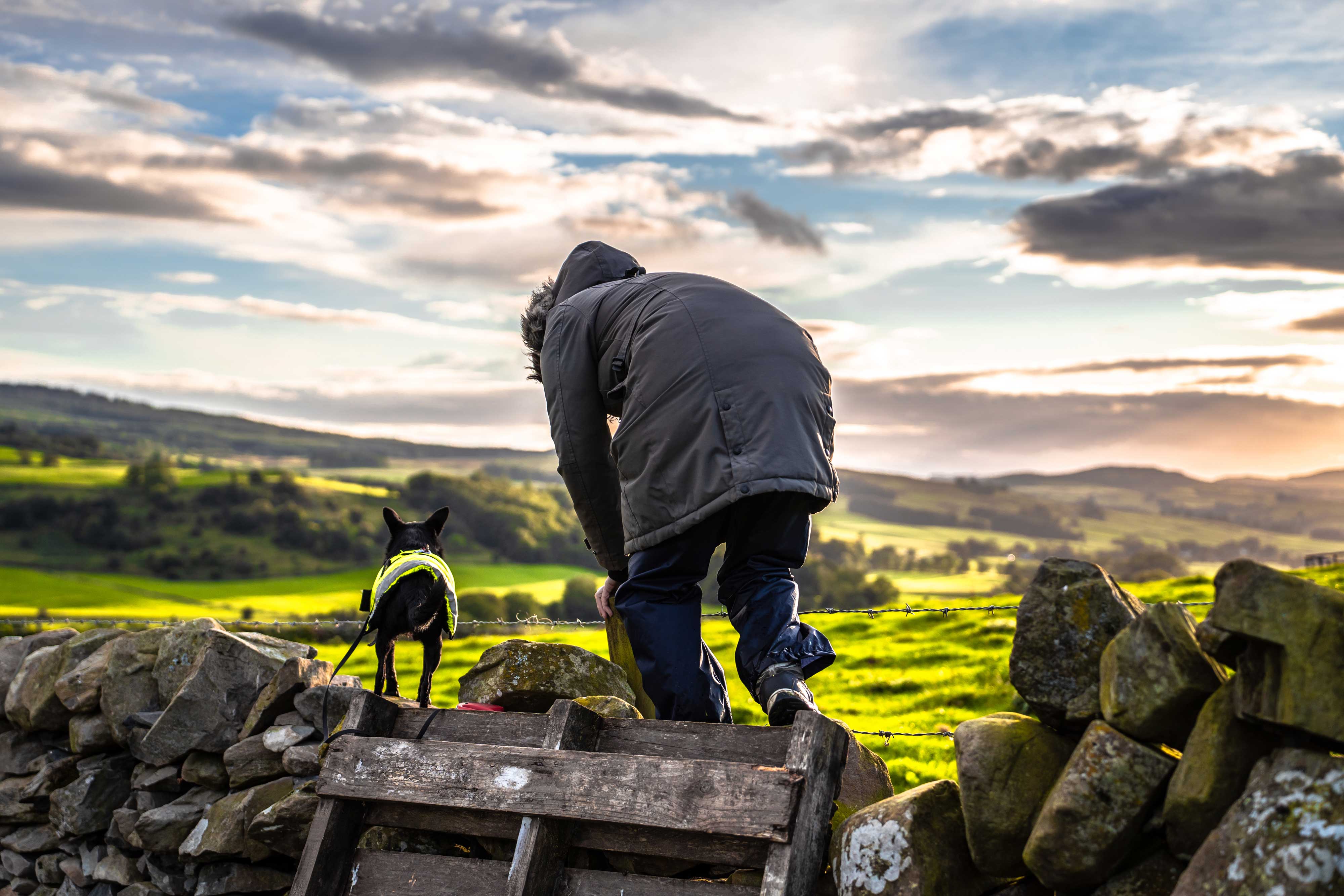 Woman with dog getting over a wall
