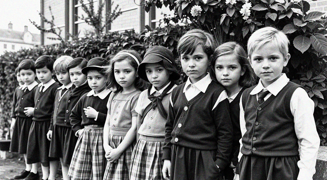 Black and white photo of schoolchildren lined up in uniform.
